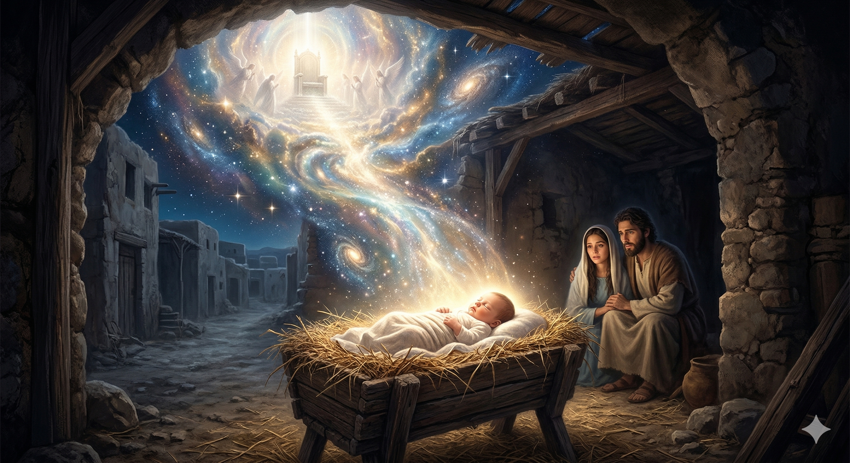Artwork representing Christ leaving heavenly glory to enter the world in humility.