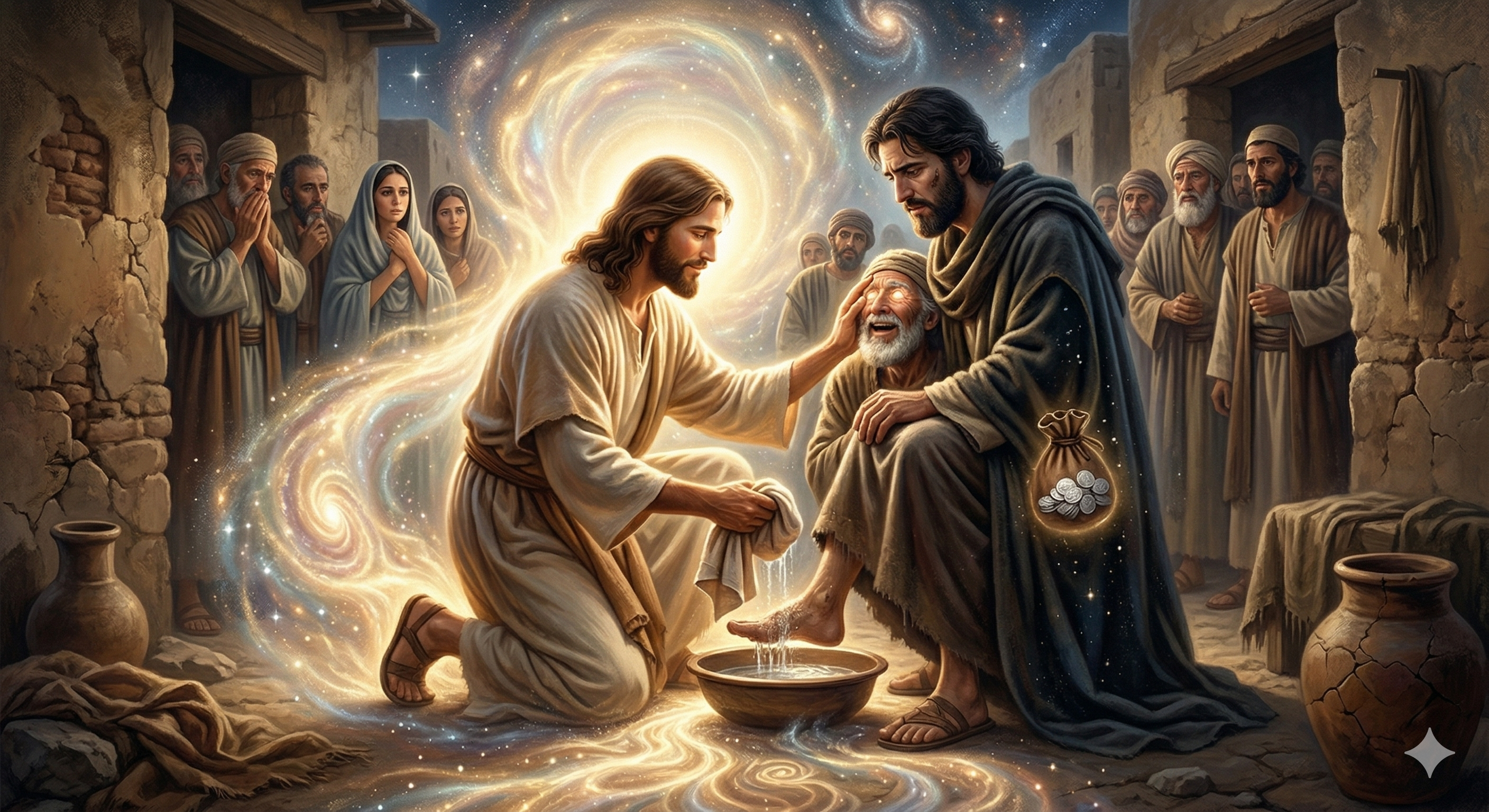 Artwork representing Jesus walking among people in compassion, healing, and love.